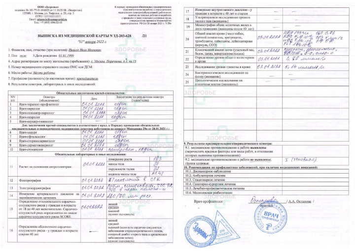 Паспорт Здоровья по приказу 29н/302н